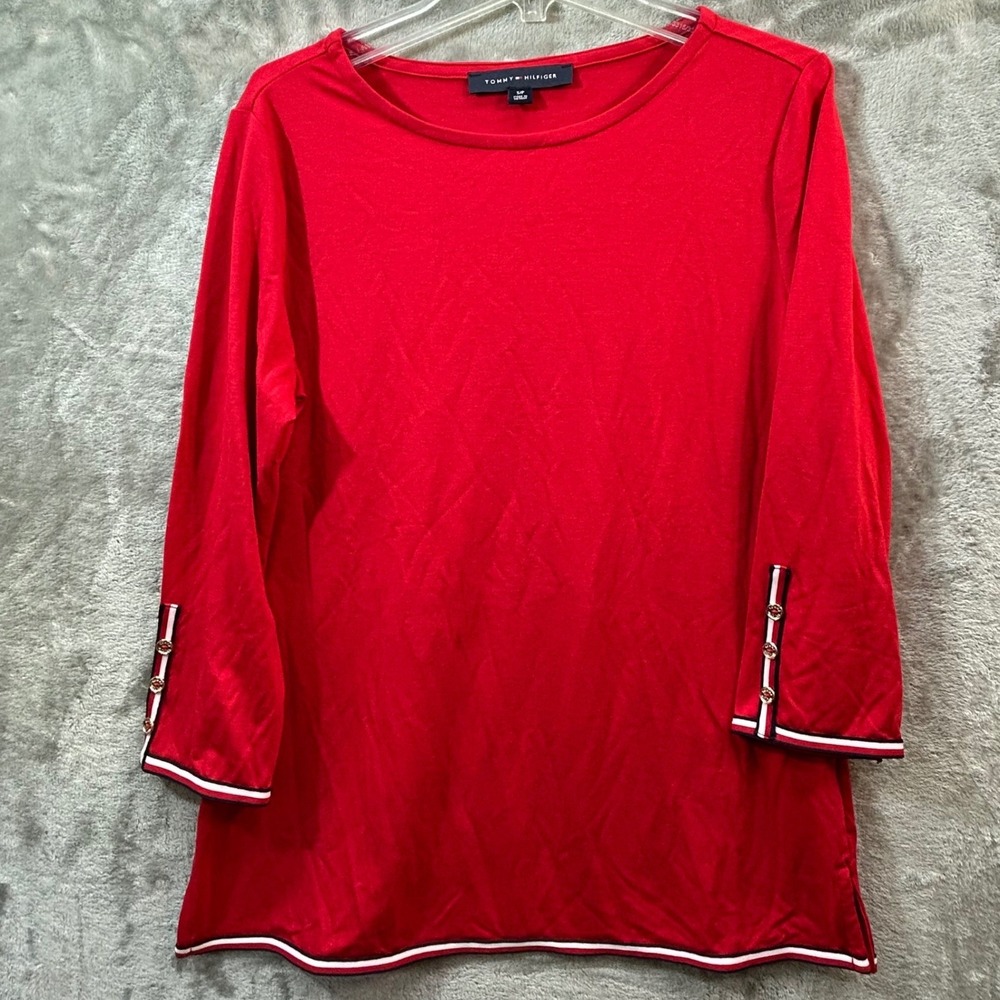 Tommy Hilfiger Womens Red 3/4 Sleeve Gold Button Nautical Knit Top Small Coastal